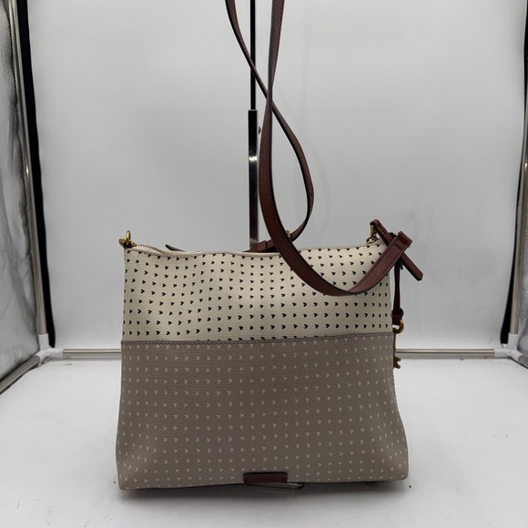 Fossil Handbags - Fossil Crossbody Bag Heart Print Coated Canvas Cream Taupe Leather Trim ZB7268